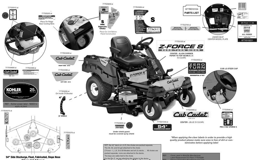 Label Map Diagram and Parts List for Z-FORCESZ54KH (17ASDGHC056)(2018) Cub Cadet Lawn Tractor